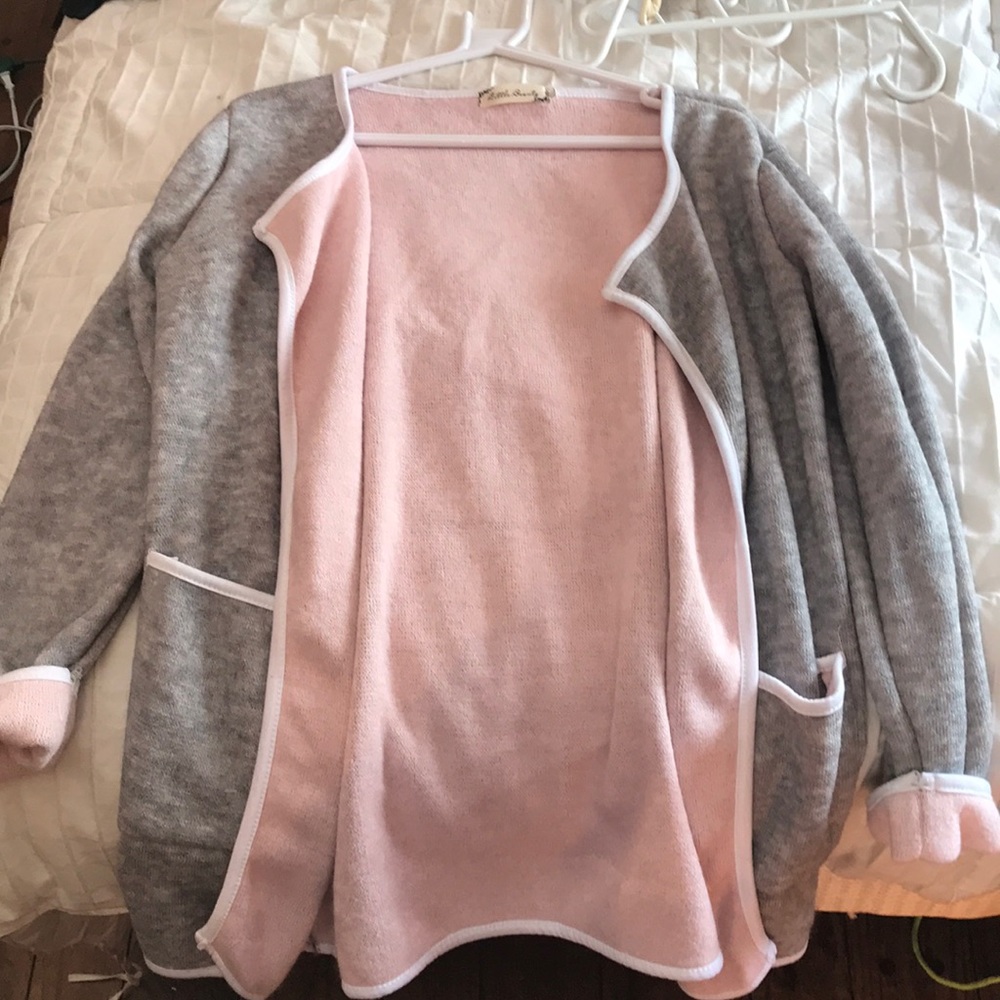 gray, pink and white cover up/cardigan
